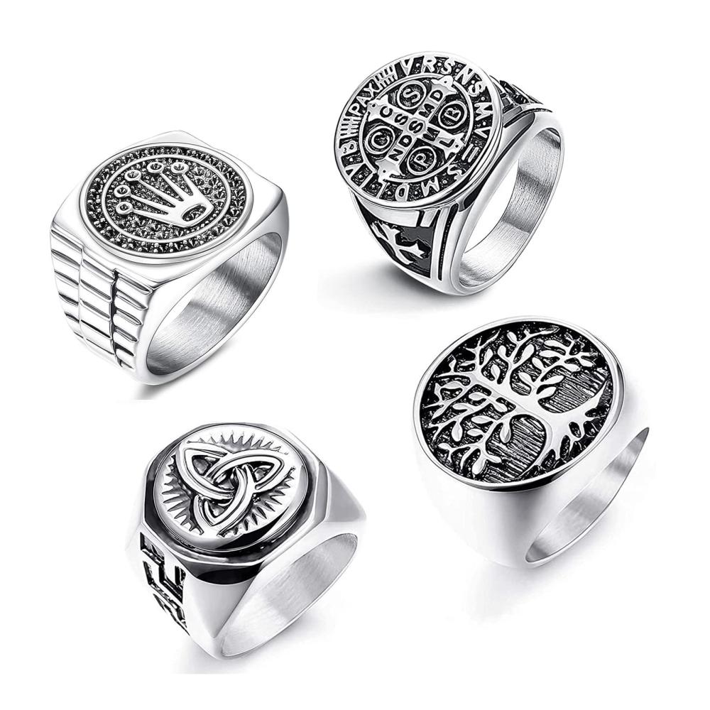 Entdecken Sie stilvolle Ringe LOLIAS 4er Set Herren Siegelringe aus Edelstahl mit Keltischen Knoten. Perfekte Geschenkidee für Männer und Frauen. Vintage-Design in Schwarz und Gold