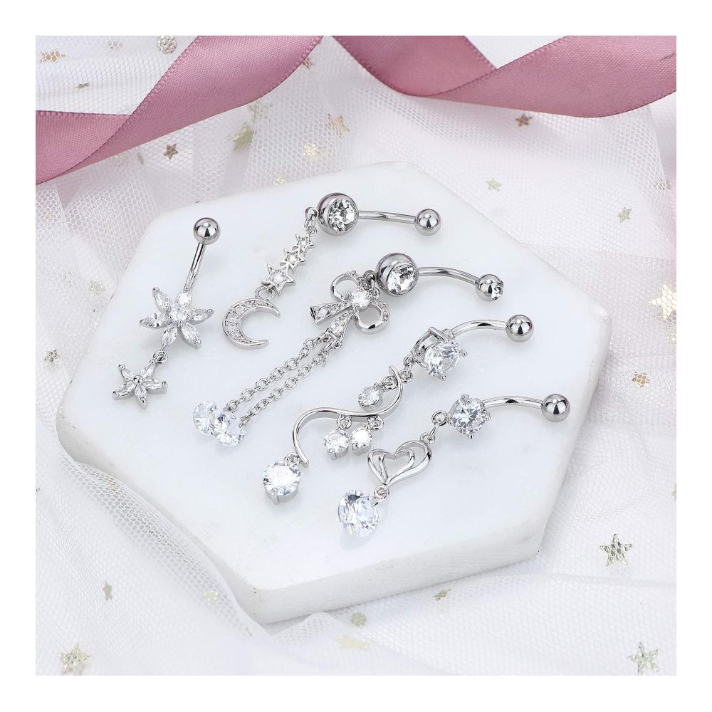 Erleuchten Sie Ihren Bauch mit Bananabells 7 Stücke Bauchnabelpiercing-Set Chirurgenstahl funkelnde CZ mondige Sterne Perlbaumel 14G Piercing-Körperschmuck von LOLIAS