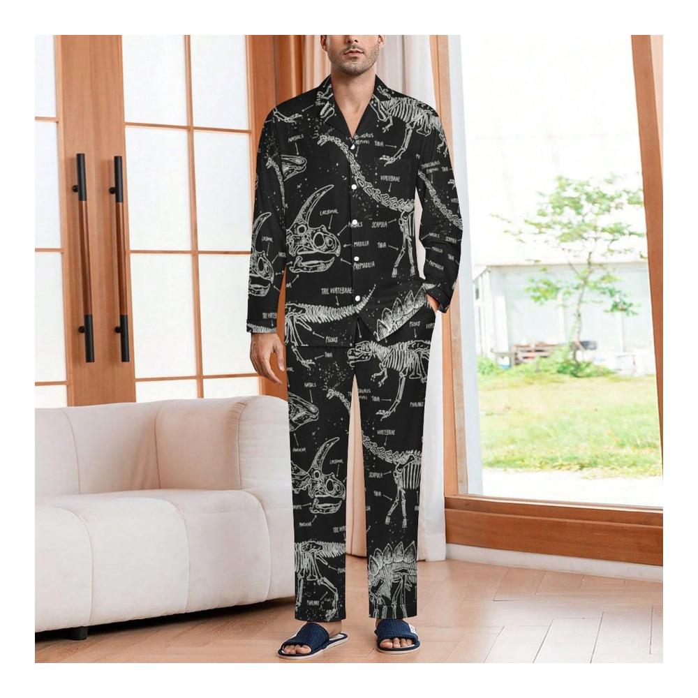 Bequemer Herren V-Ausschnitt Pyjama mit Taschen – Schwarzer Dinosaurier-Schlafanzug für Männer. Genießen Sie erholsame Nächte in stilvollem Komfort