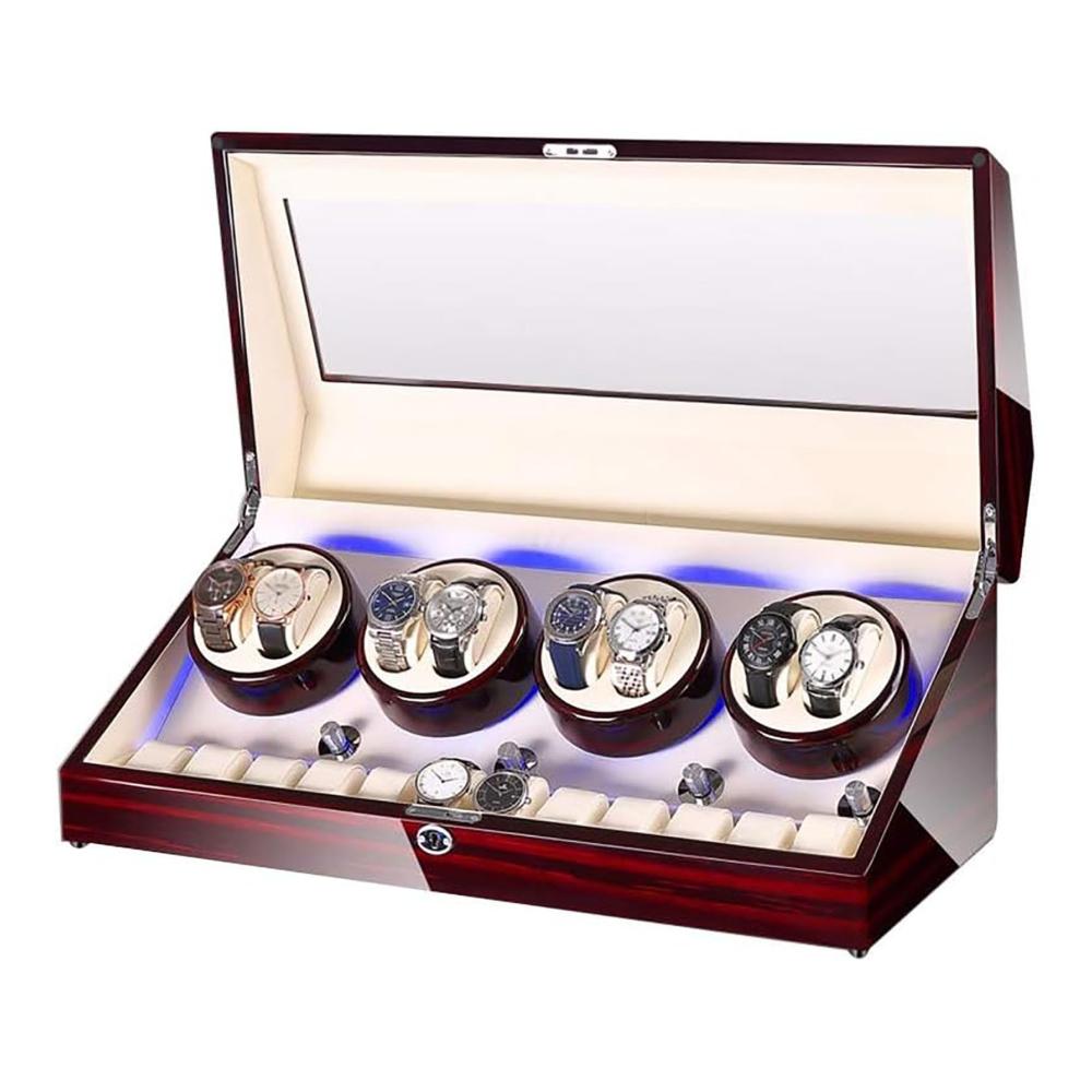Entdecken Sie den Luxus Uhrenbeweger Box Automatik 8-12 mit blauem LED-Licht Holz und Lederhülle leisen Motoren. Perfekt für Männer und Frauen. Idealer Begleiter für Ihre Uhren