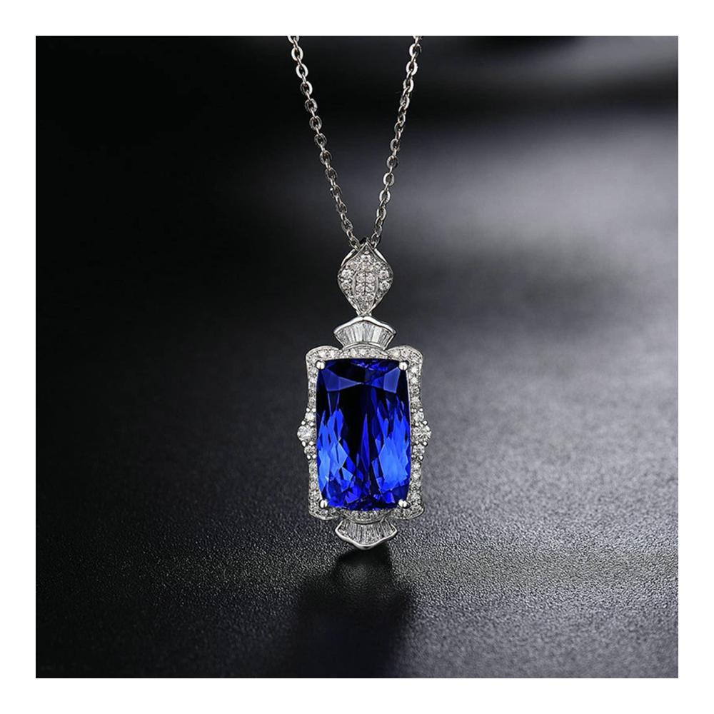 Einzigartige Hochzeitshalskette 18K Weiße Damen Halskette mit Blauem Rechteck 5Ct Diamant und Tansanit – Exquisite Ketten für besondere Anlässe