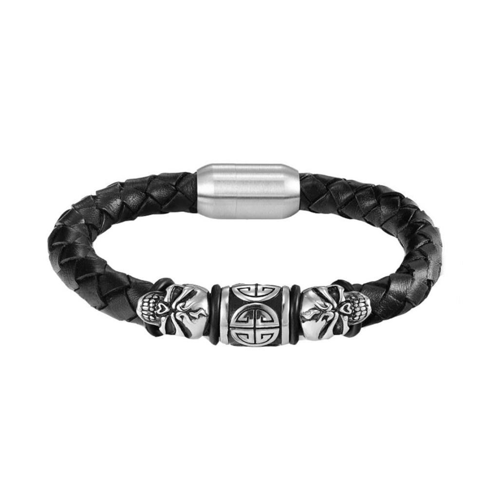 Einzigartiges Herren-Armband Doppel-Skulls Totenkopf Magnetverschluss Leder geflochten Edelstahl - Punk Biker Schmuck für Stil und Charakter