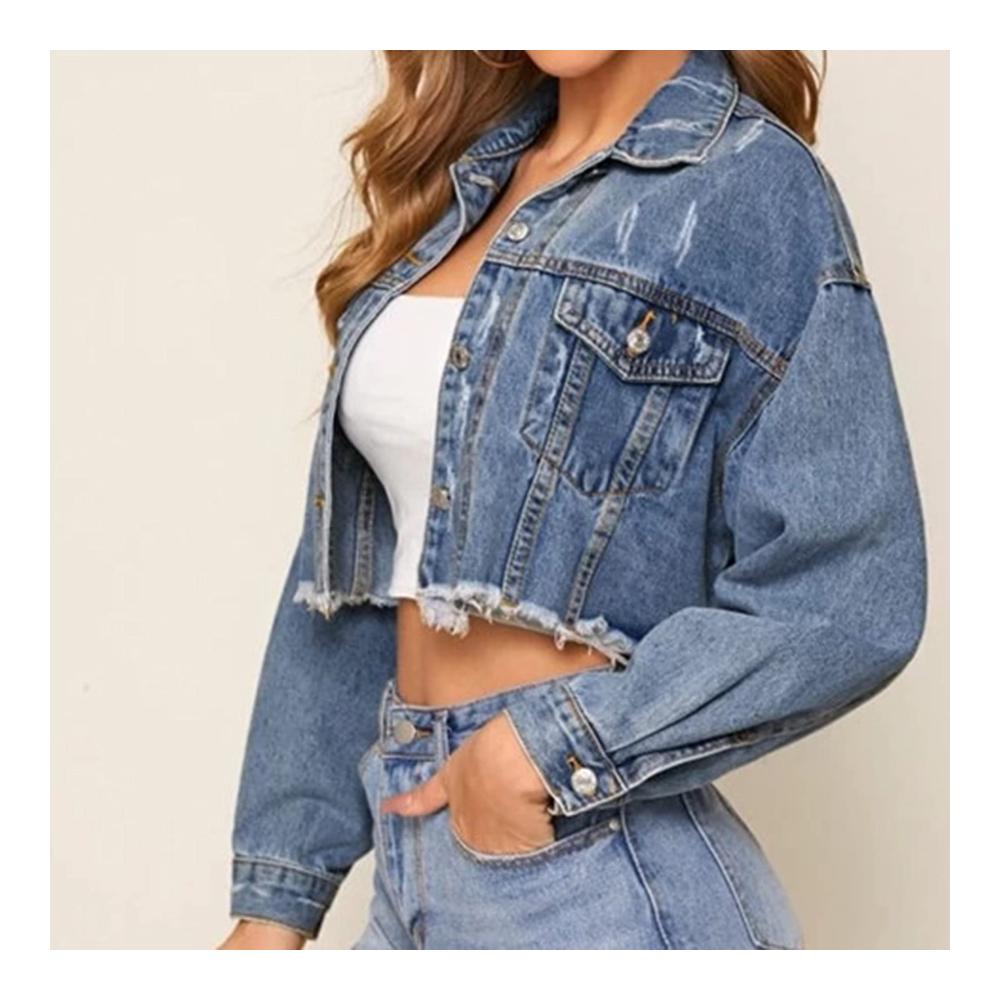 Damen Jeansjacke im abgenutzten Look mit Reißverschluss Oversized-Fit Plus Size und Taschen Oversized Denim-Jacke mit Kordelzug und Kettendetails