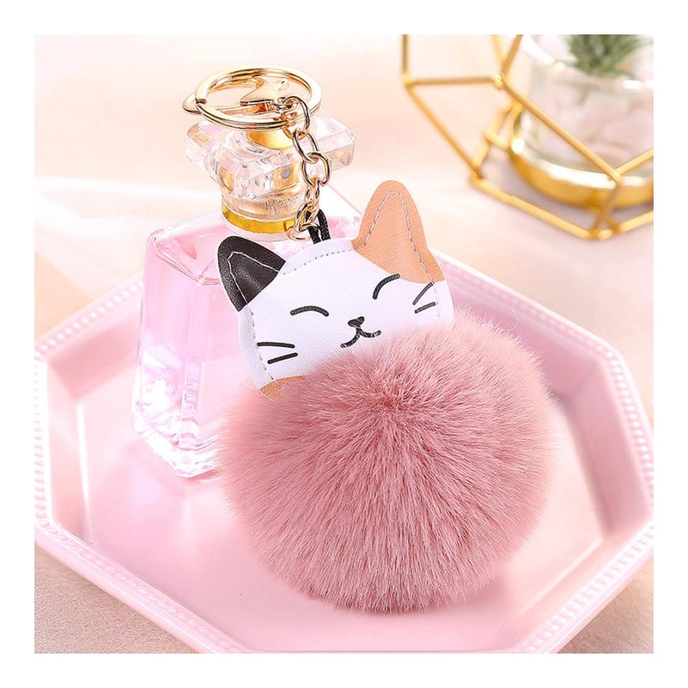 Damen Schlüsselanhänger Schöner Pom-pom Anhänger aus PU-Leder mit Katzenmotiv - Perfekte Deko für Frauen und Mädchen - Stilvoller Taschenaccessoire Charme