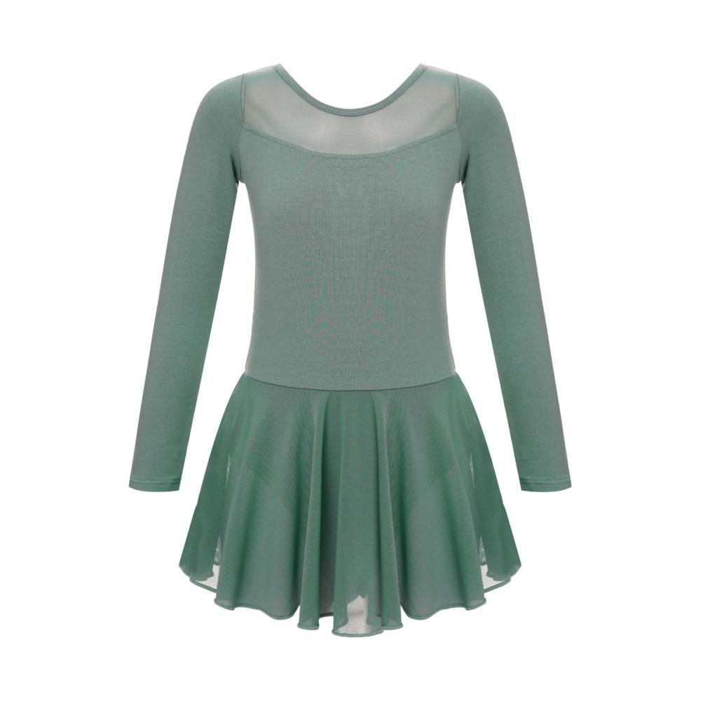 Mädchen Ballettkleid mit Langem Arm Transparentes Mesh Patchwork Balletttrikot Professioneller Kinder Ballettanzug für Ballettkleidung und Tanzstunden mit Tutu-Rock und Elegantem Design
