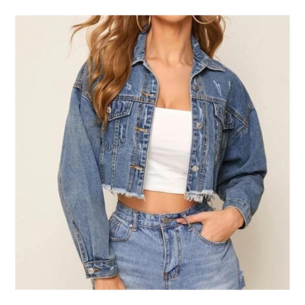 Damen Jeansjacke im abgenutzten Look mit Reißverschluss Oversized-Fit Plus Size und Taschen Oversized Denim-Jacke mit Kordelzug und Kettendetails