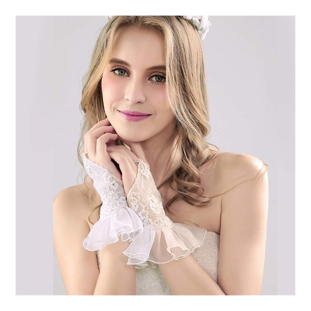 Elegante kurze Spitzenhandschuhe - Hochzeitshandschuhe für Bräute mit floraler Spitze Vintage-Look Damen-Vollfingerhandschuhe für Partys und Hochzeiten