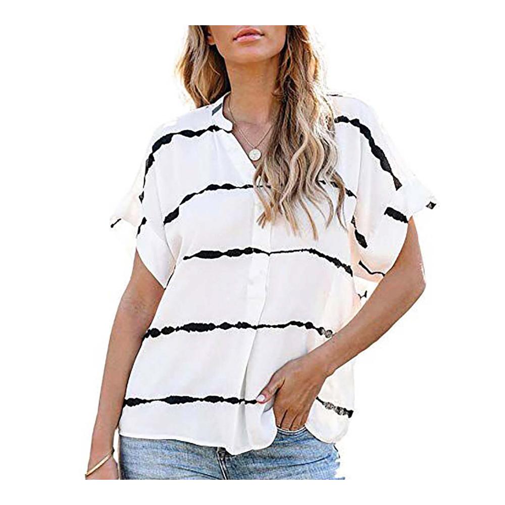 Stilvolle Damen Hemden Kurzarm V-Ausschnitt Gestreiftes Design Sommerliche Baumwolle Elegant und Casual Schwarz-Weiß