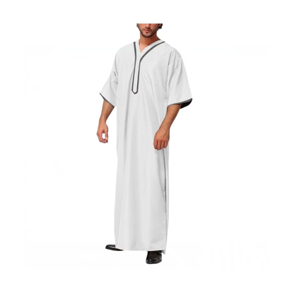 Luxuriöse Bademäntel Elegante Herren Nachthemden langärmelig mit stilvollem V-Ausschnitt und Kaftan-Design. Entspannung in muslimischem Stil. (Weiß Größe L