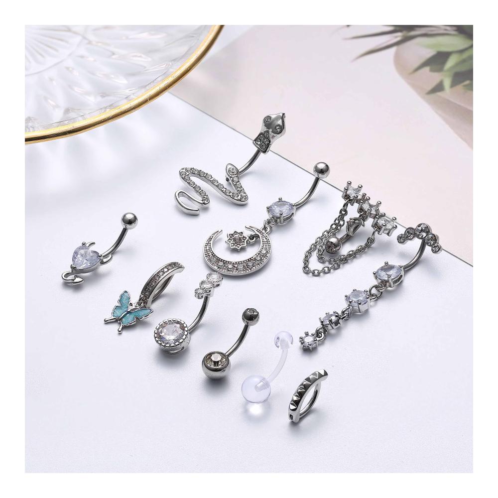 Entdecke den Glanz Bananabells Bauchnabelringe - 10er Set mit CZ Mond Schmetterling & Schlange - Hochwertiger 316L Chirurgenstahl - Einzigartige Designs für stilvolles Bauchnabelpiercing von LOLIAS