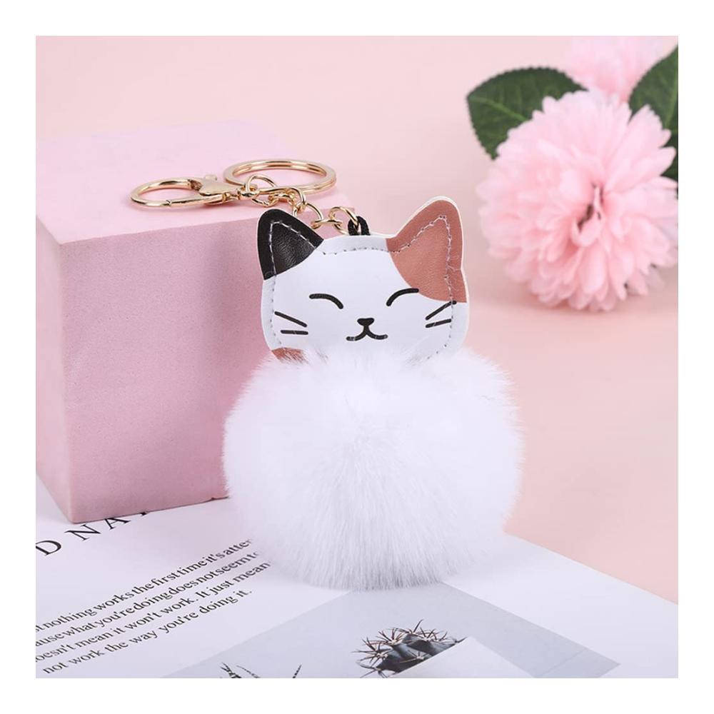 Damen Schlüsselanhänger Schöner Pom-pom Anhänger aus PU-Leder mit Katzenmotiv - Perfekte Deko für Frauen und Mädchen - Stilvoller Taschenaccessoire Charme