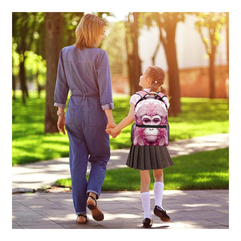 Ultimativer Schulranzen Rosa Affe und Orang-Utan Motive leicht und funktional mit Hauptfach Seitentaschen und integriertem Organizer. Premium-Qualität für die Schule