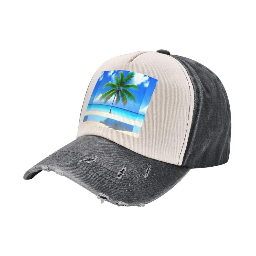 Einzigartiges Baseball Cap Stilvoll Verstellbar & Bequem. Palmen & Meerdruck auf gewaschenem Denim. Perfekt für jeden Anlass