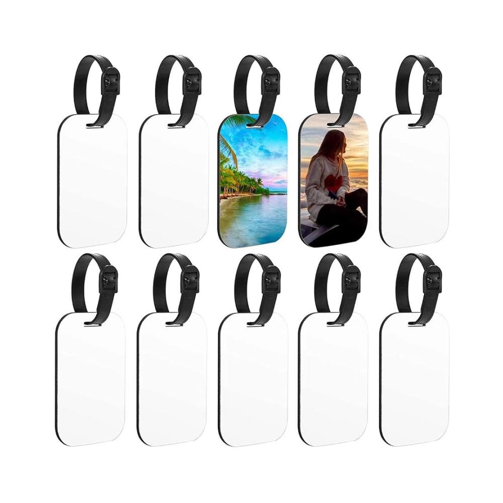 Entdecken Sie die Vielseitigkeit mit unseren 10 leeren Sublimations-Kofferanhängern! Weiße Reisetaschenanhänger mit Riemen für personalisierte Etiketten auf beiden Seiten. Ein Must-Have