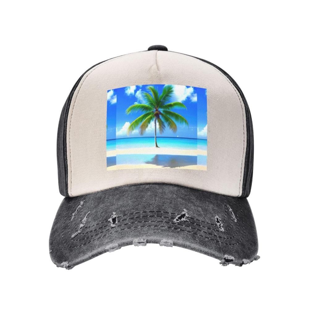 Einzigartiges Baseball Cap Stilvoll Verstellbar & Bequem. Palmen & Meerdruck auf gewaschenem Denim. Perfekt für jeden Anlass