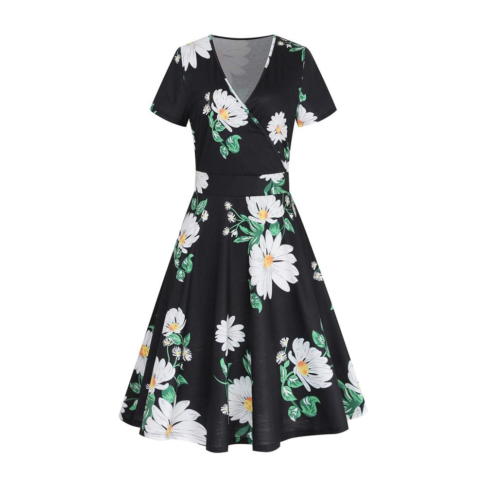 Damen Freizeitkleid mit V-Ausschnitt und kleinem Gänseblümchen-Print kurzärmelig A-Linien-Rock