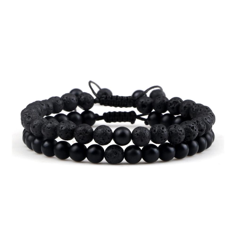Charmantes 2er-Set geflochtener Yoga- und Lava-Armbänder aus mattiertem Naturstein für einen stilvollen Look für Männer