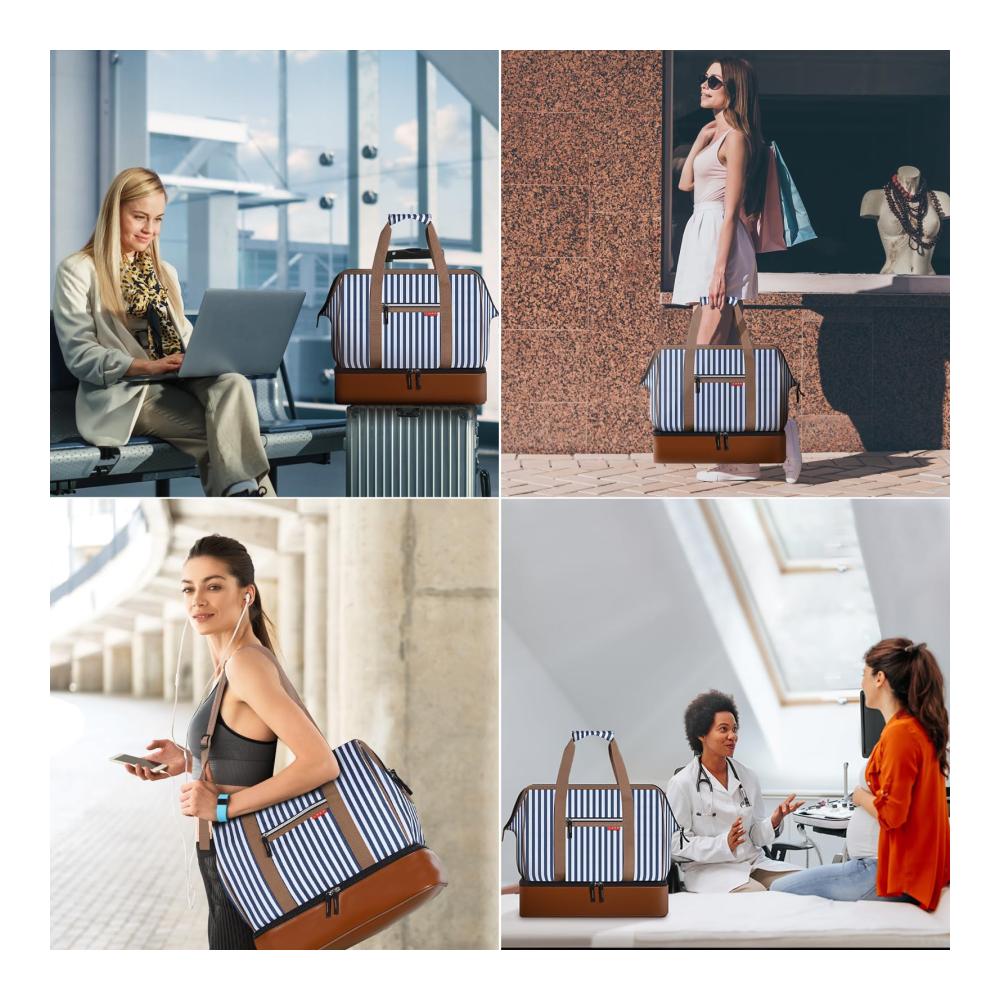 Luxuriöse Doppellagige Reisetasche Weekender Damen Schickes Design praktisches Schuhfach großzügiges 35L Volumen. Handgepäck für Flugzeugreisen in stylischem Blau Gestreift
