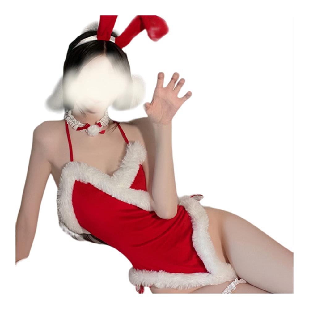 Damen Sexy Secret Button Weihnachten Nachthemd Langes Rot Plüsch Kleid lustiger Weihnachtsmann Anzug Jumpsuit Bodysuit Rock Pyjama Nachtwäsche für Frauen
