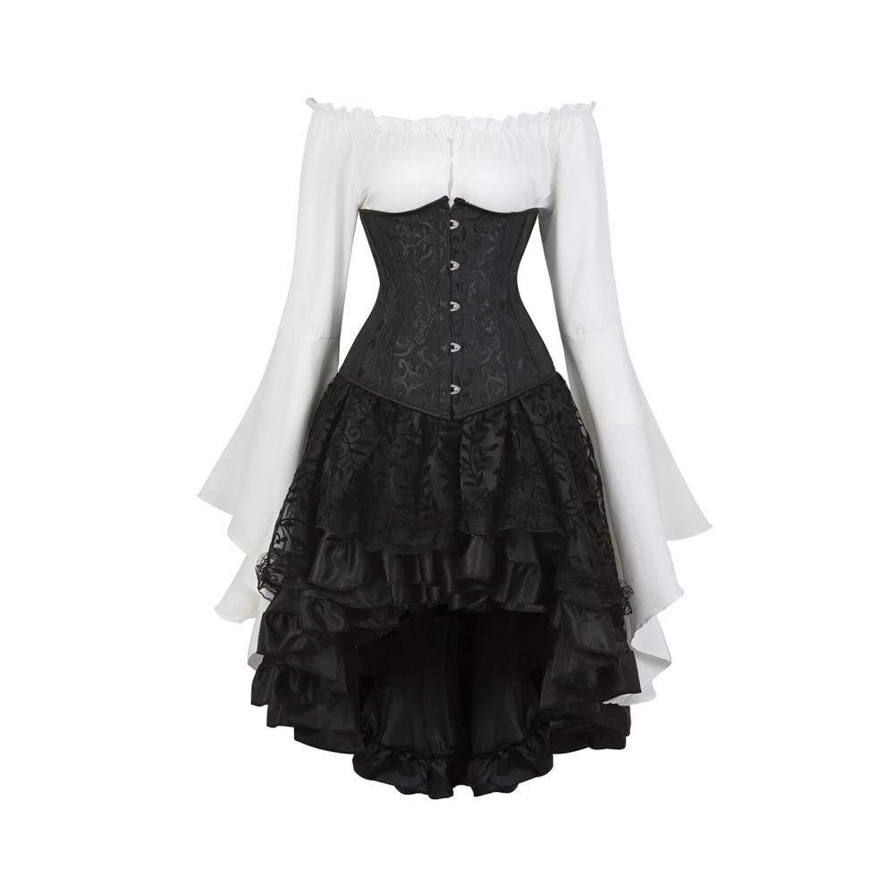 Tauche ein in Vintage-Chic Steampunk Corsage & Bustier Set mit Tüllrock und Piratenbluse. Exquisites Jacquard-Korsett-Kostüm für stilvolle Abenteuerinnen