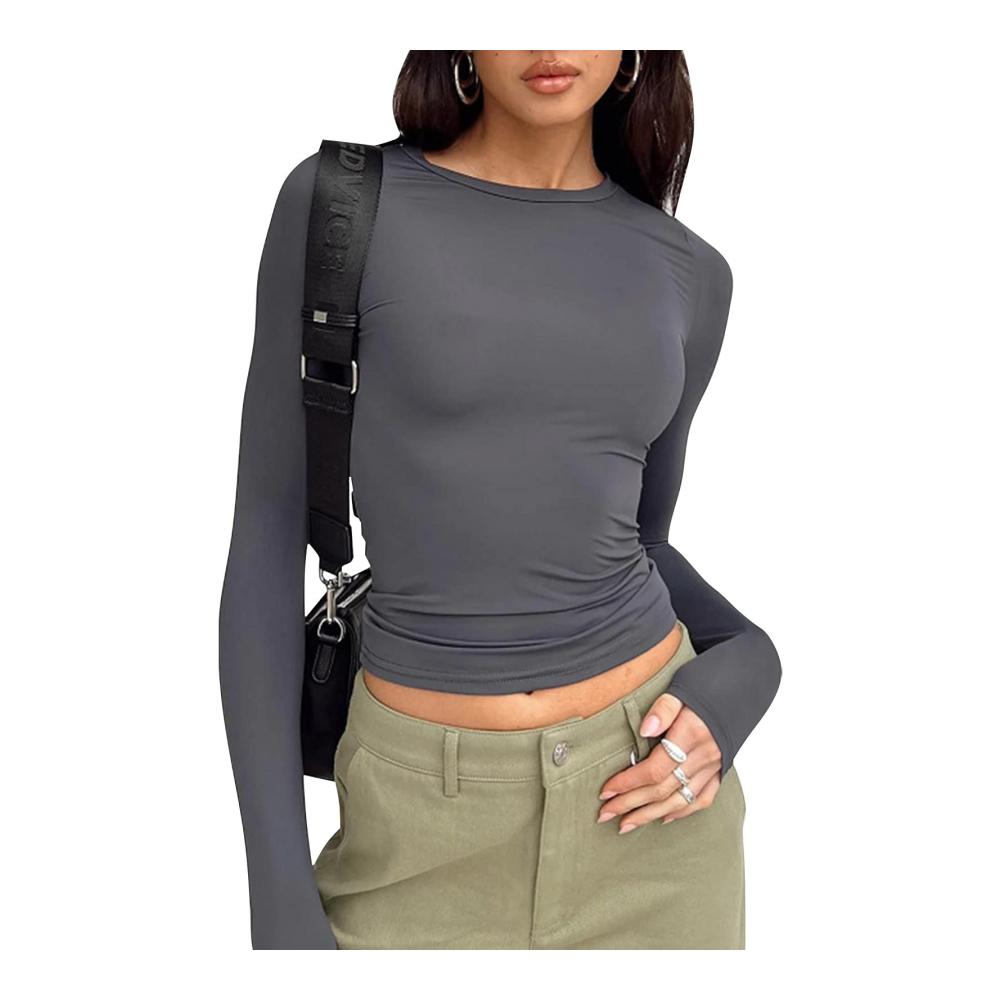 Y2K Slim Fit Langarmshirt für Damen | Trendy Cropped Tee | Rundhals Einfarbig | Casual Athletisches Style | Jetzt bei