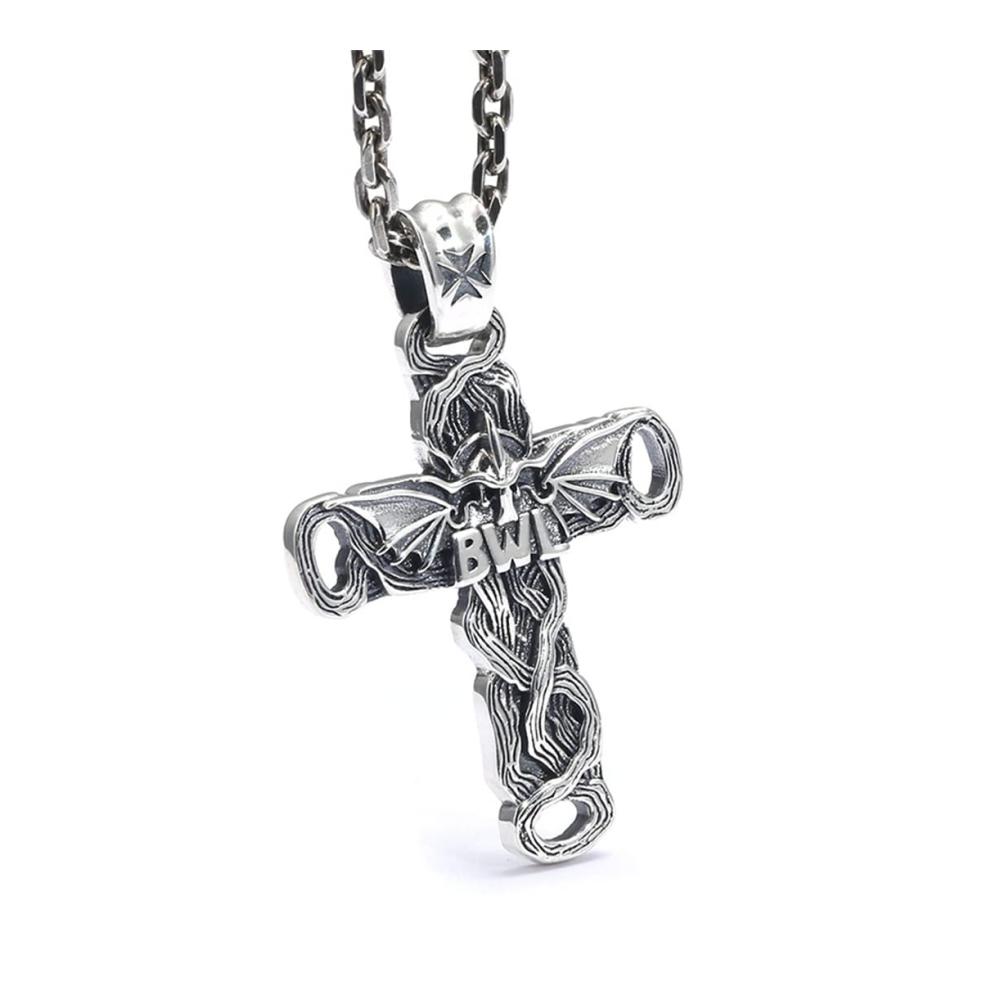 Entdecke den einzigartigen Charme Halskette mit Kettenanhänger aus S925 Sterling Silber für Herren – Retro-Design mit Thai-Silber-Kreuz und Fledermaus-Motiv