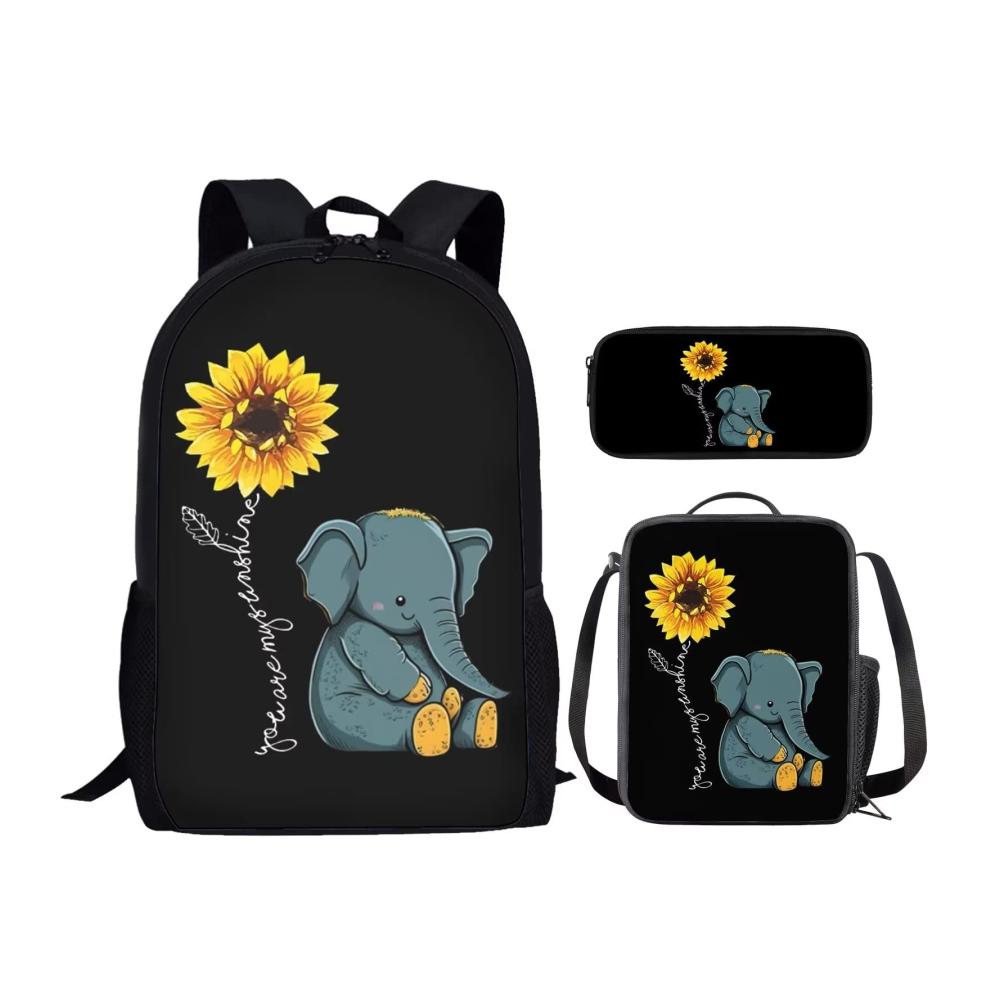 3-teiliges Schulrucksack-Set mit pinkem Sonnenblumen-Elefant-Blumenmuster für Mädchen wasserdichtes Daypack-Federmäppchen Cheerleader Lunchbox