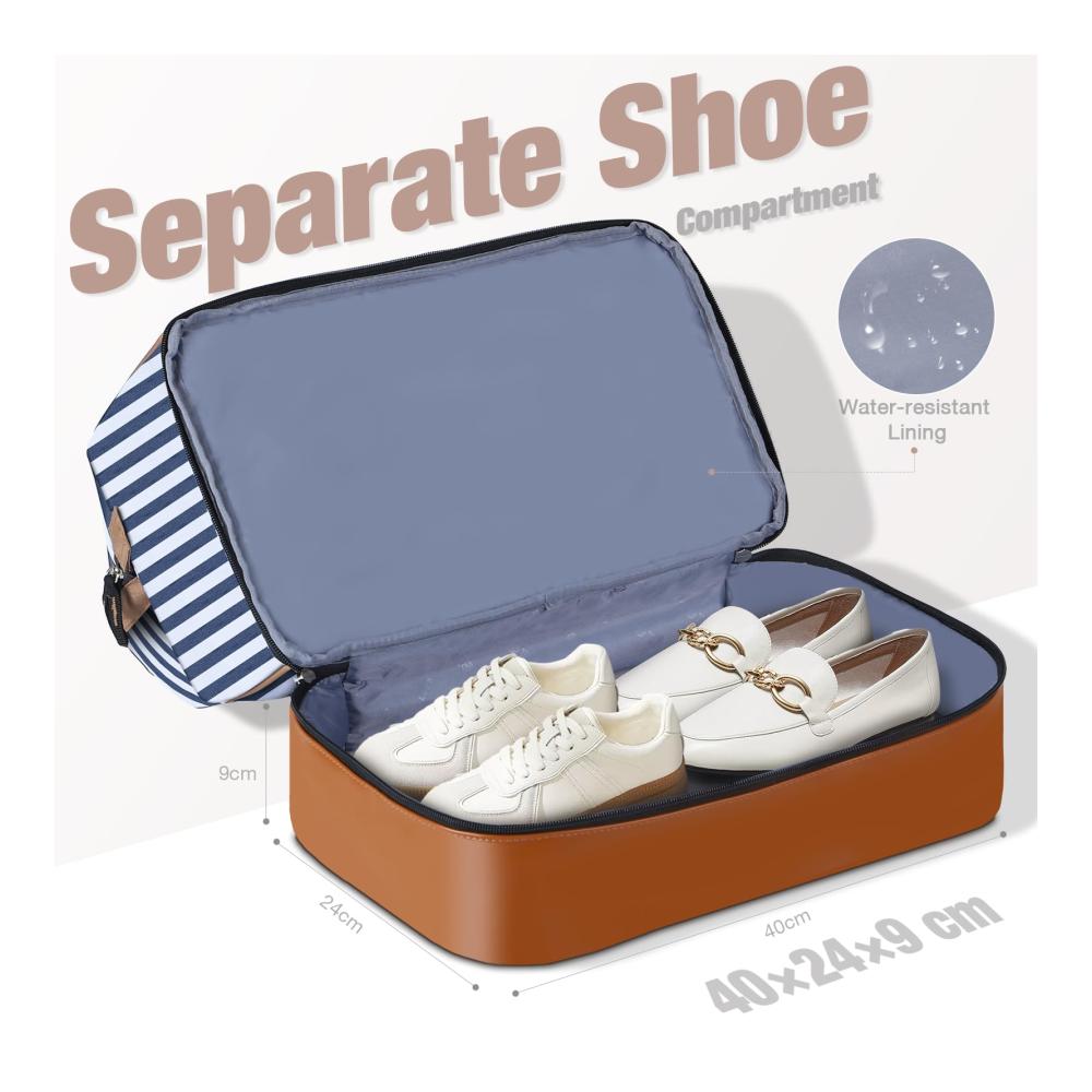 Luxuriöse Doppellagige Reisetasche Weekender Damen Schickes Design praktisches Schuhfach großzügiges 35L Volumen. Handgepäck für Flugzeugreisen in stylischem Blau Gestreift