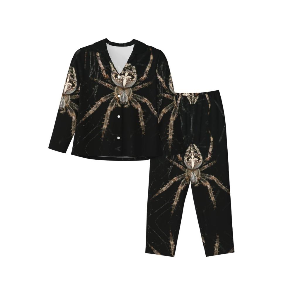 Damen Langarm-Schlafanzug mit Gruseligem Spinnendruck Perfekte Hauskleidung für Halloween und kalte Nächte
