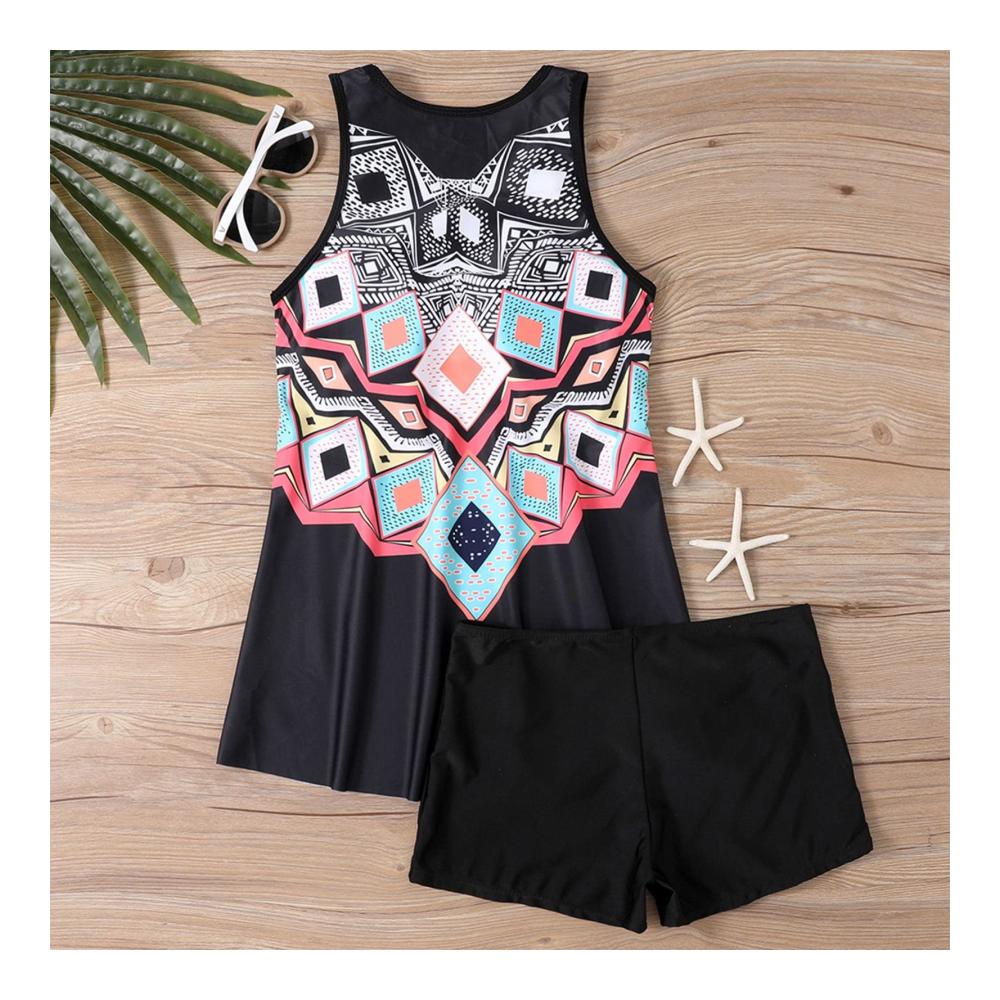 Attraktives Damen Tankini Set V-Ausschnitt Halfter Grafiken Bademode Push Up mit hohem Taille Bauchweg Effekt und Boyshorts. Perfekt für Strandtage
