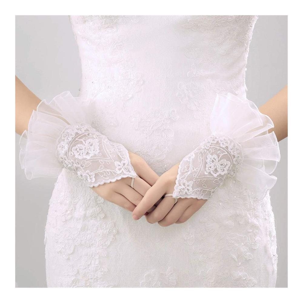 Elegante kurze Spitzenhandschuhe - Hochzeitshandschuhe für Bräute mit floraler Spitze Vintage-Look Damen-Vollfingerhandschuhe für Partys und Hochzeiten
