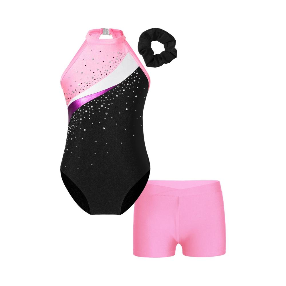 Stilvoller Glitzer-Leotard für Mädchen Tanzbody-Set mit kurzer Hose und Haarband für Wettbewerbe