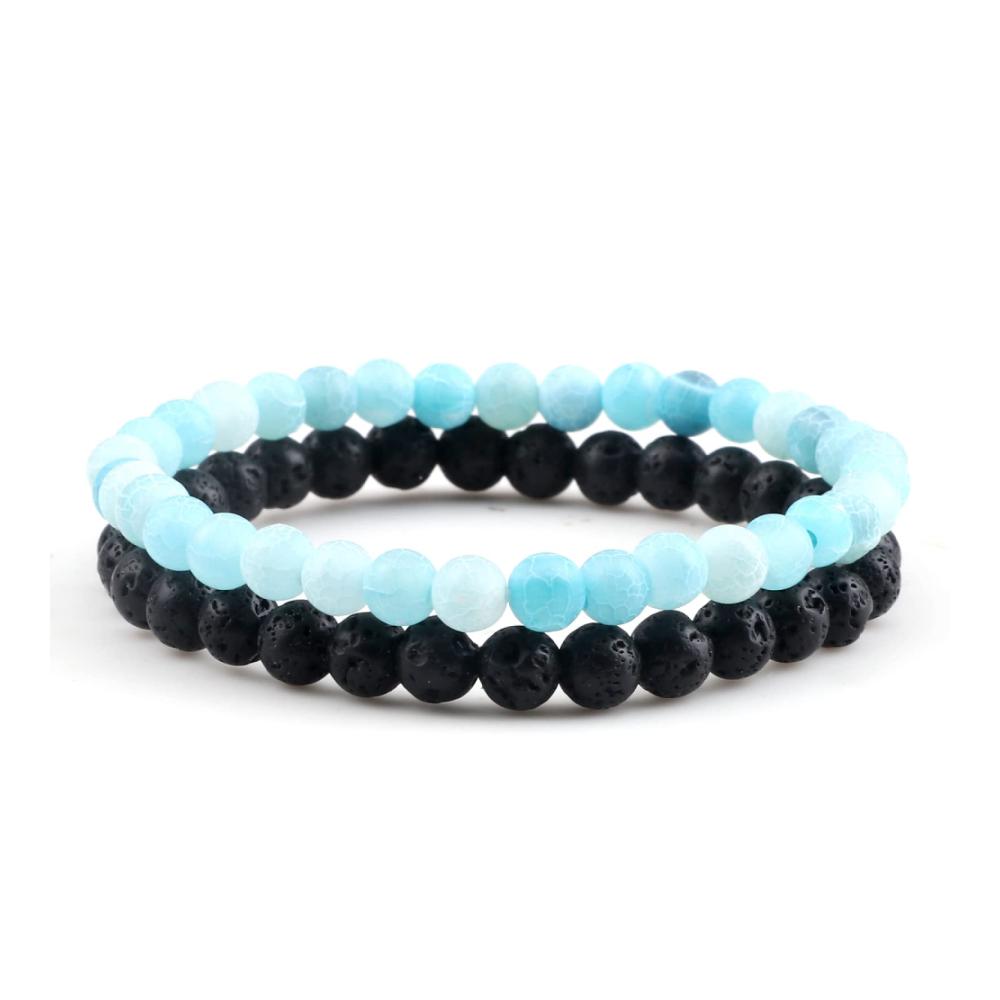 2 Stück Herren-Armschmuck aus 6 mm Lavastein-Perlen mit Stretchband - natürlicher Naturstein-Armbänder mit blauen Farbakzenten