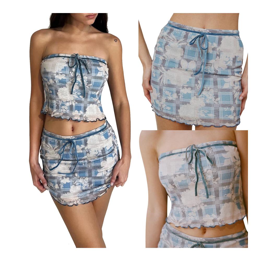 Elegante Damen Sommer Röcke Y2K Plissee Rock Outfits Ärmellos Schulterfrei Hohe Taille Vintage 2 Teiliges Set Streetwear Cocktail Party Anzug Minirock mit Tube Crop Top