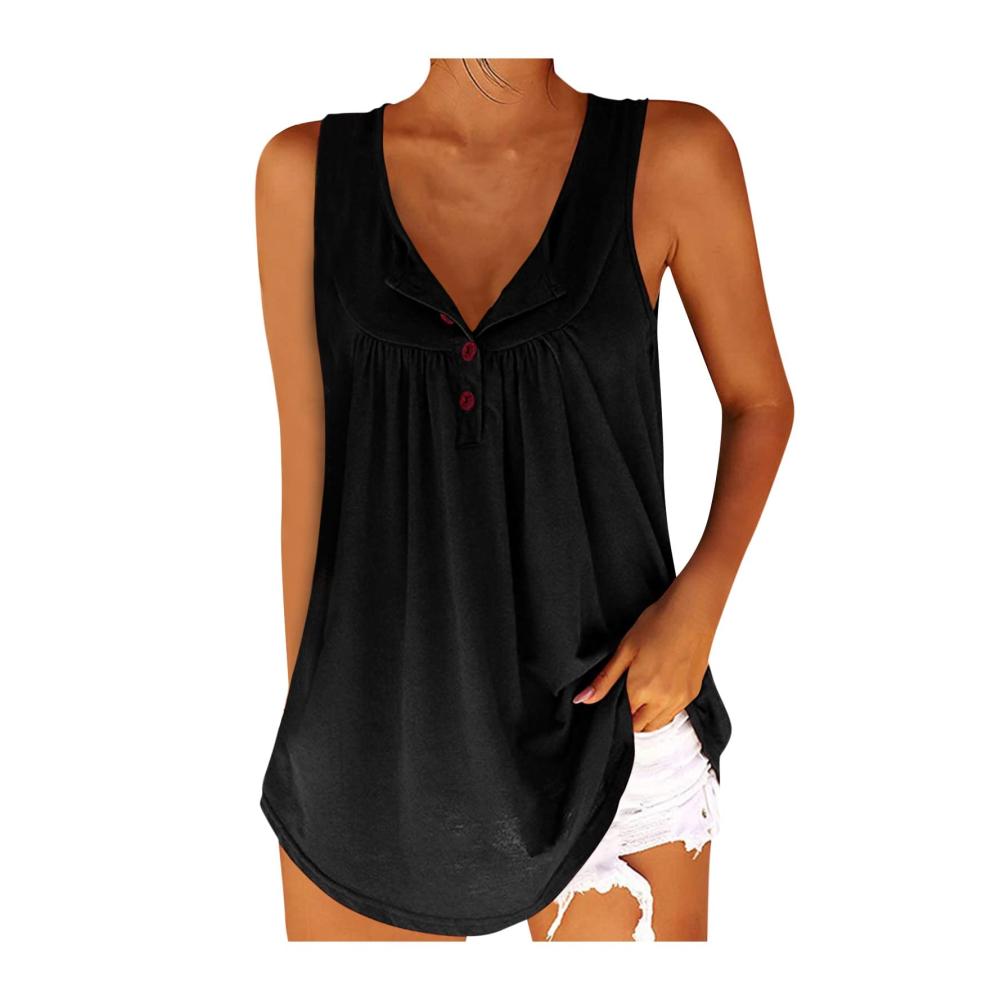 Entzückender Pullover Damen Sommer Basic Shirt - Lässiger ärmelloser Knopf-Pullover mit gerafftem V-Ausschnitt für eine lockere Passform! Perfekt für jede Gelegenheit