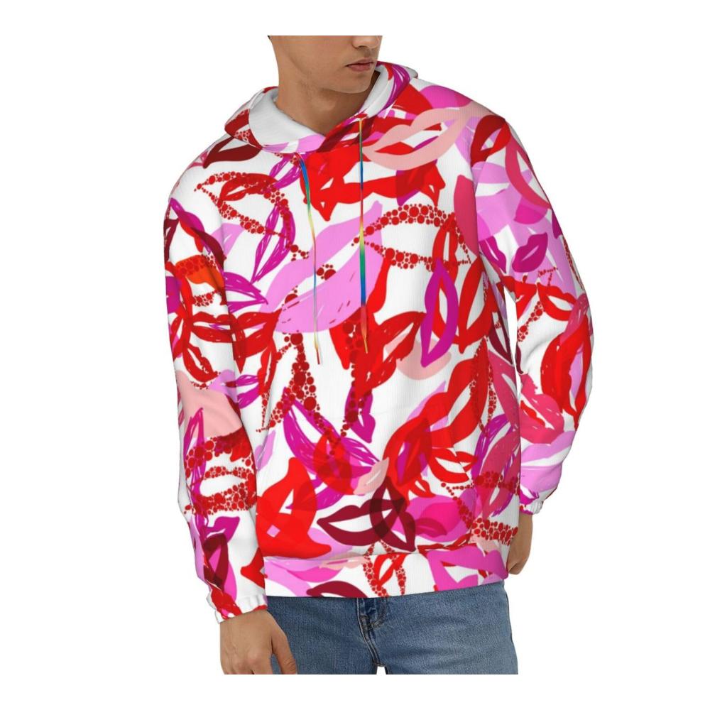 Modisches Kapuzen-Sweatshirt mit lila und roten Lippenmuster langärmelig mit Kordelzug locker geschnitten und Tasche