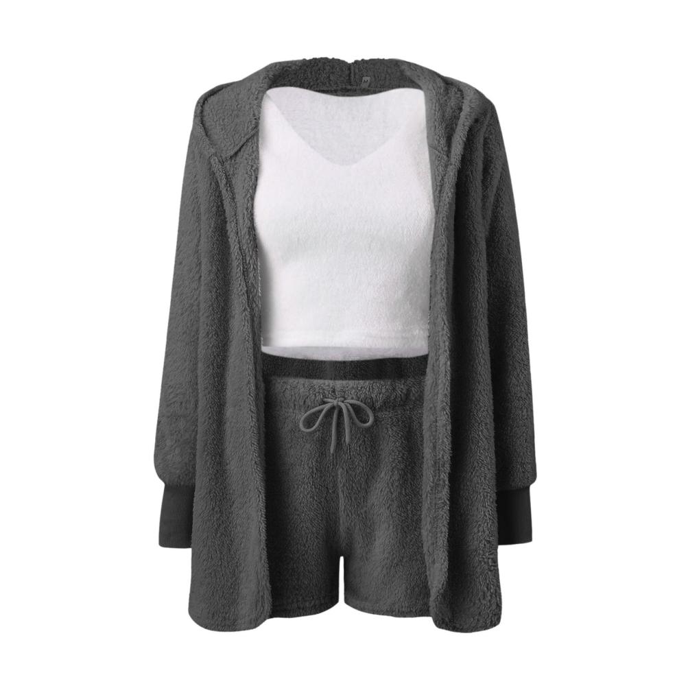 Entspannen Sie stilvoll Damen Schlafanzug Set mit Fleece-Crop-Top offener Strickjacke & Shorts. Perfekt für Komfort und Eleganz. Erleben Sie luxuriöse Loungewear
