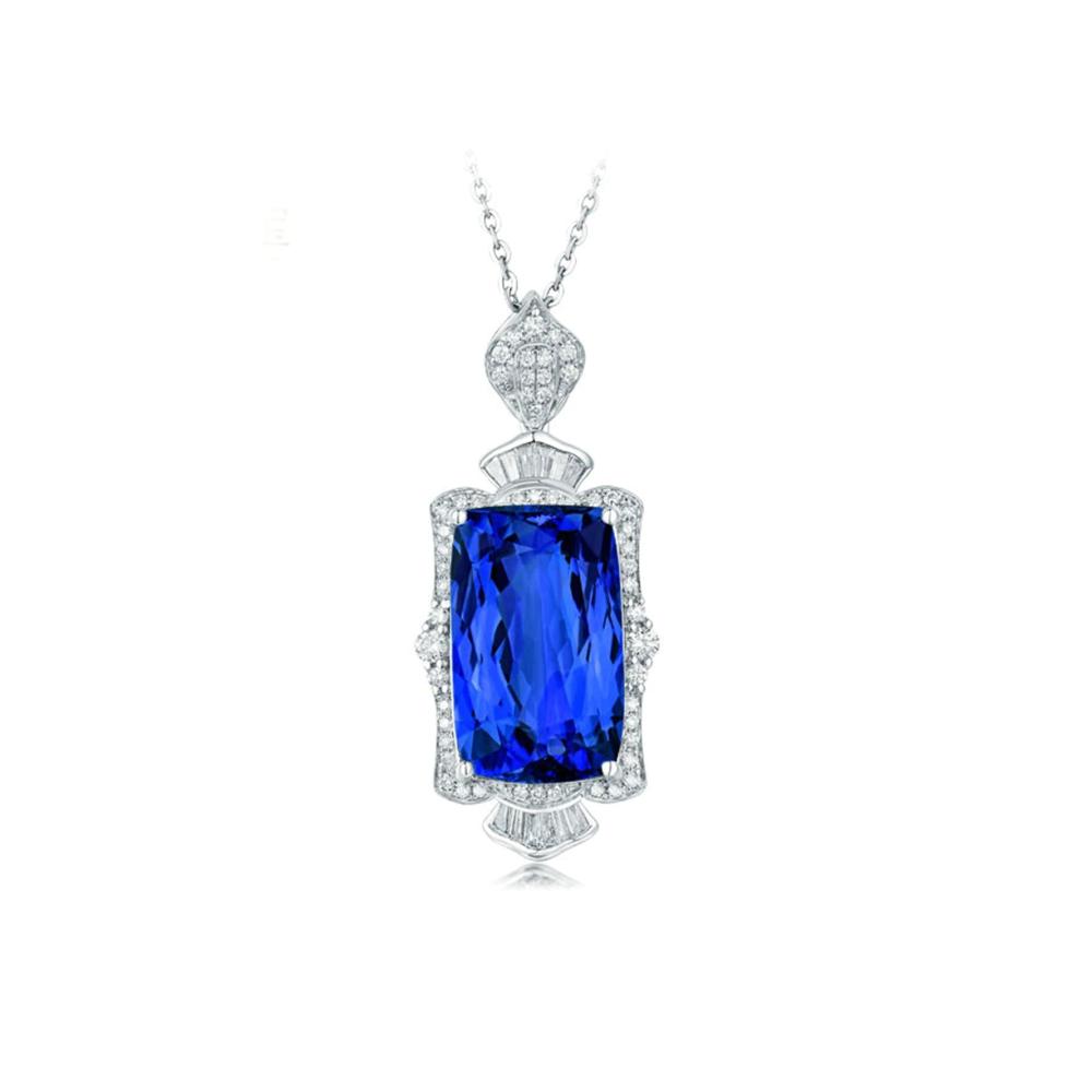 Einzigartige Hochzeitshalskette 18K Weiße Damen Halskette mit Blauem Rechteck 5Ct Diamant und Tansanit – Exquisite Ketten für besondere Anlässe