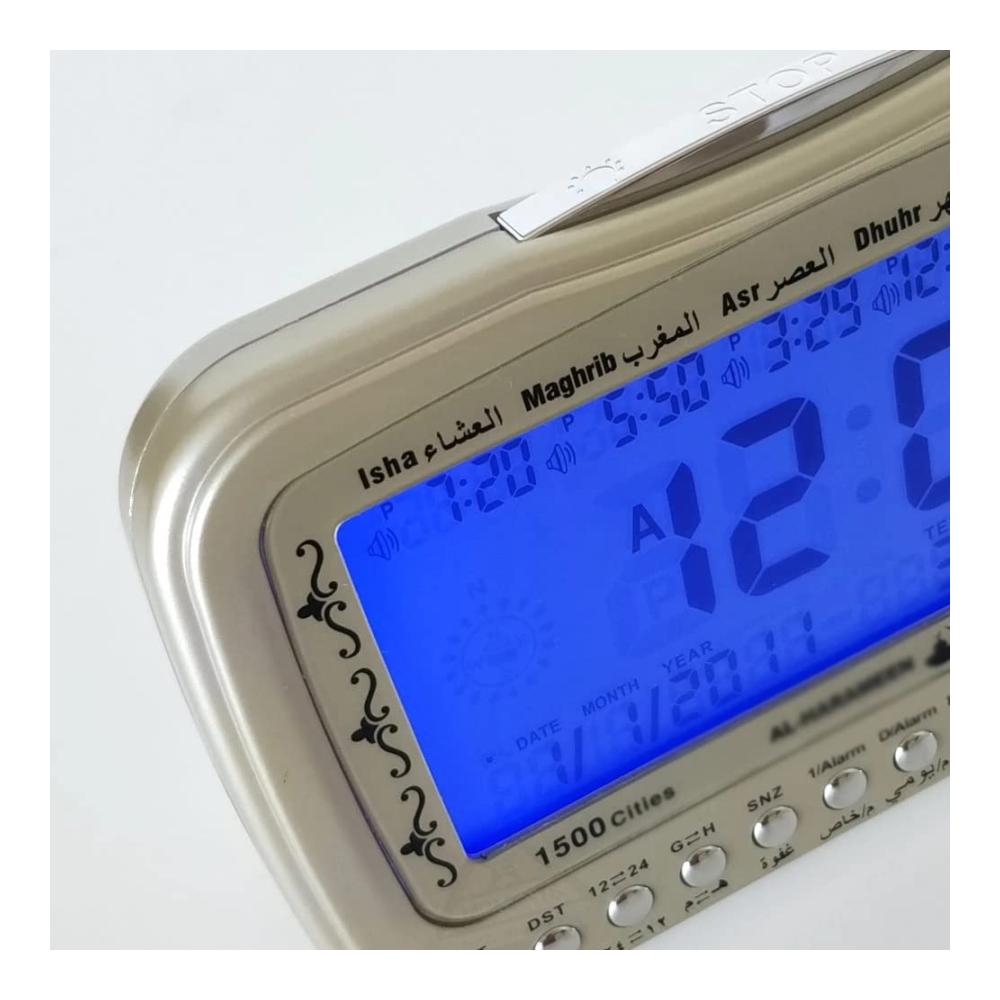 Exklusive Armbanduhren Gebetsuhr mit Qibla-Hintergrundbeleuchtung Kalender Temperatur & automatischer Wandzeit. Perfekt für den muslimischen Lebensstil und Ramadan