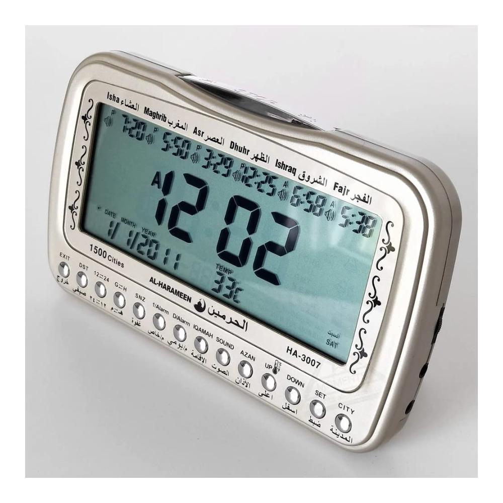 Exklusive Armbanduhren Gebetsuhr mit Qibla-Hintergrundbeleuchtung Kalender Temperatur & automatischer Wandzeit. Perfekt für den muslimischen Lebensstil und Ramadan
