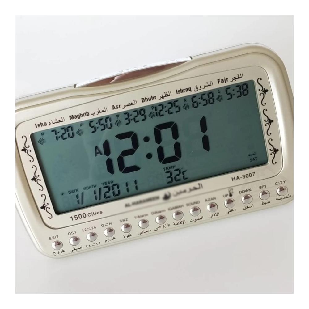 Exklusive Armbanduhren Gebetsuhr mit Qibla-Hintergrundbeleuchtung Kalender Temperatur & automatischer Wandzeit. Perfekt für den muslimischen Lebensstil und Ramadan